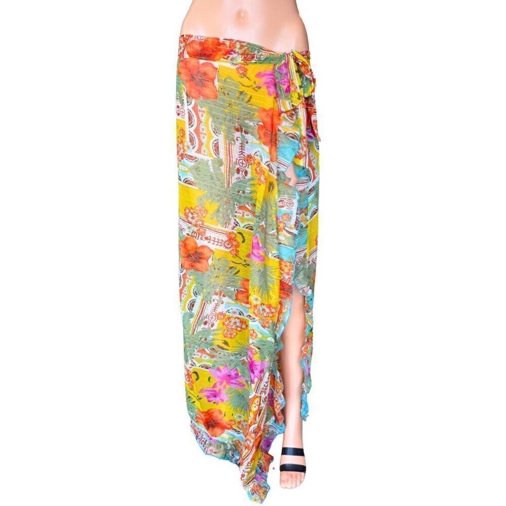America & Beyond Tropical Ruffle Maxi Skirt S NWT Sarong Cover-Up Boho Festival - Picture 2 of 7